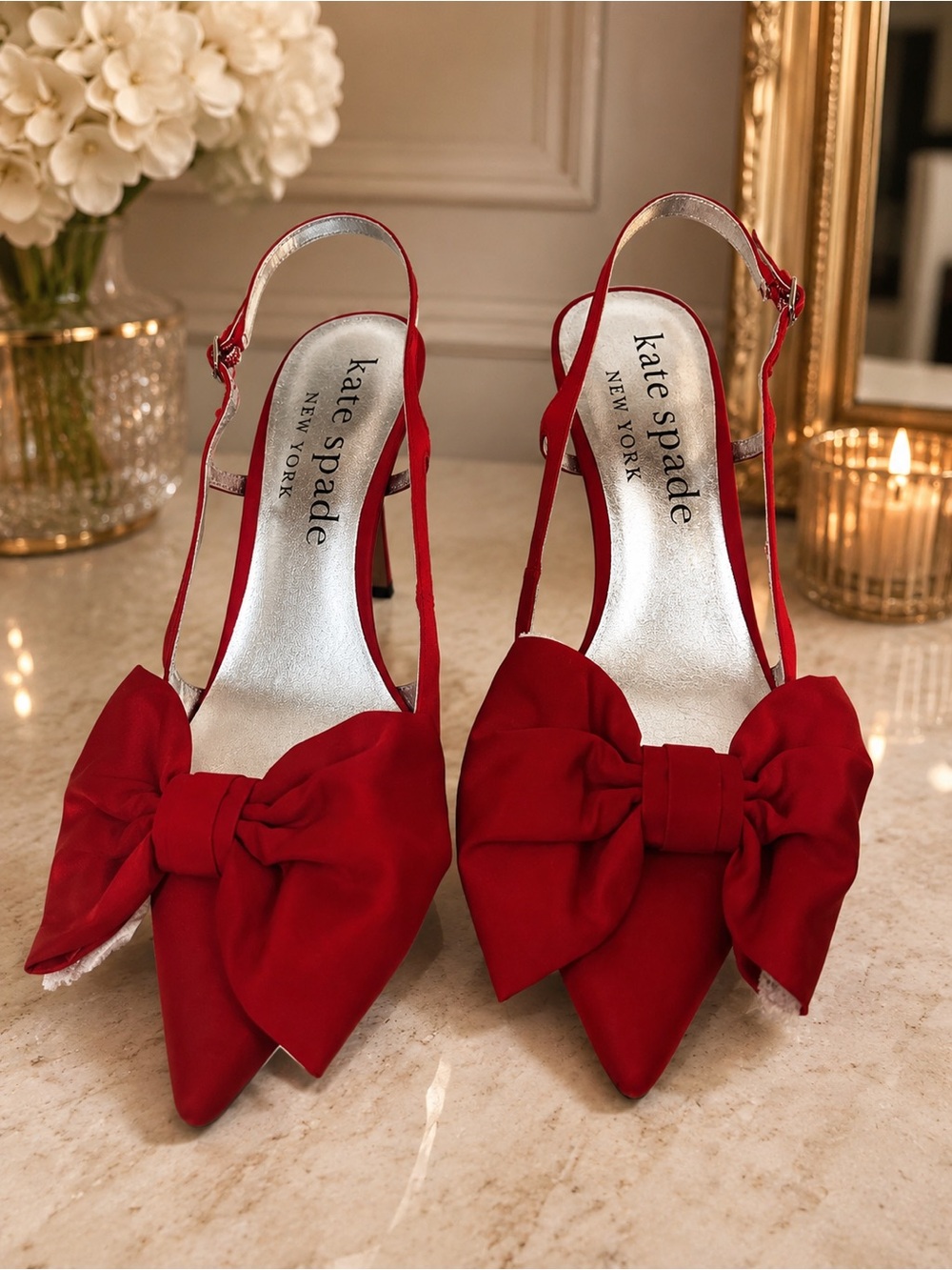 kate spade Red Bow Pointed Toe Slingback Heels